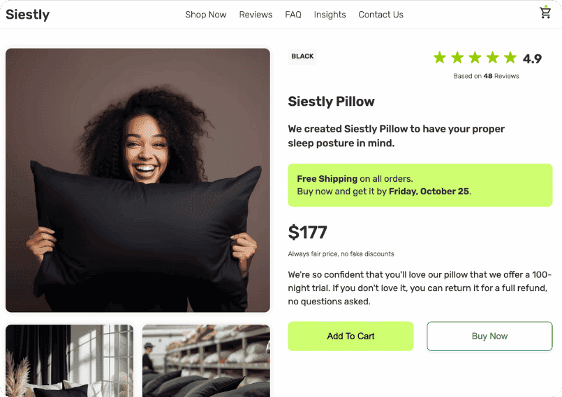 Example Shopify product page with delivery information beside the Add to Cart button